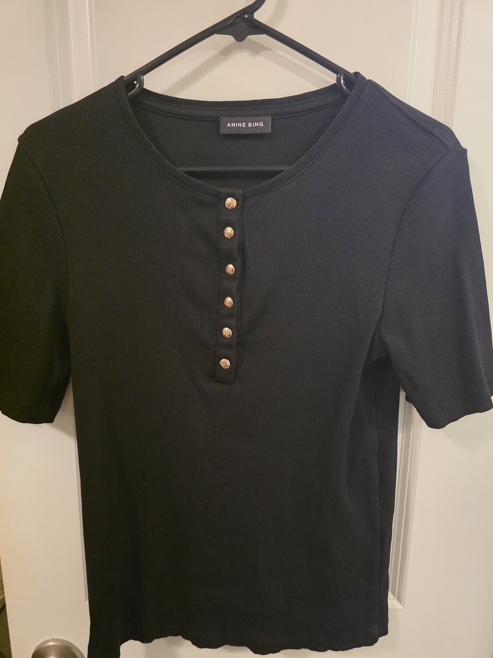 Anine Bing Black Ribbed Short Sleeve Top with Gold Buttons